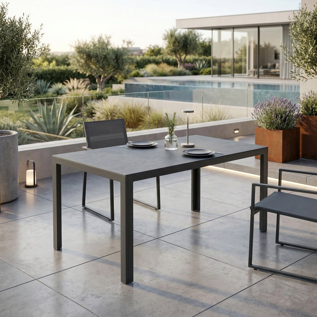 ☀️Summer Deal !☀️ Aluminium Dining Tisch Luna Stellar 150 x 80 x 74cm grau / Dekorglas Tischplatte