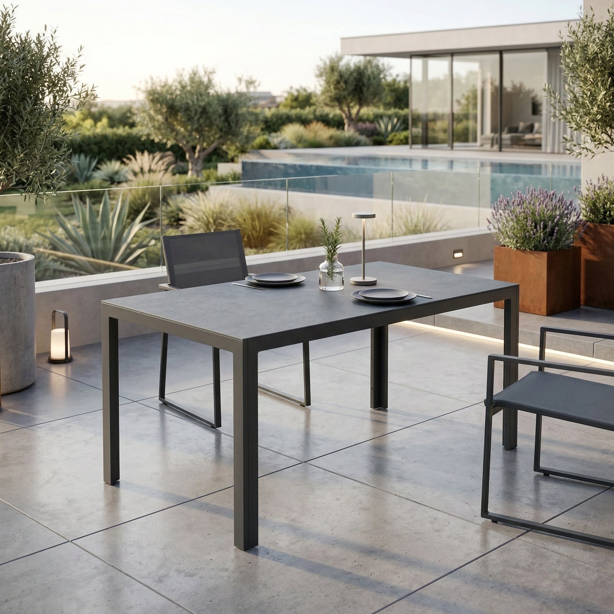☀️Summer Deal !☀️  Aluminium Dining Tisch Luna Stellar 150 x 80 x 74cm grau / Dekorglas Tischplatte