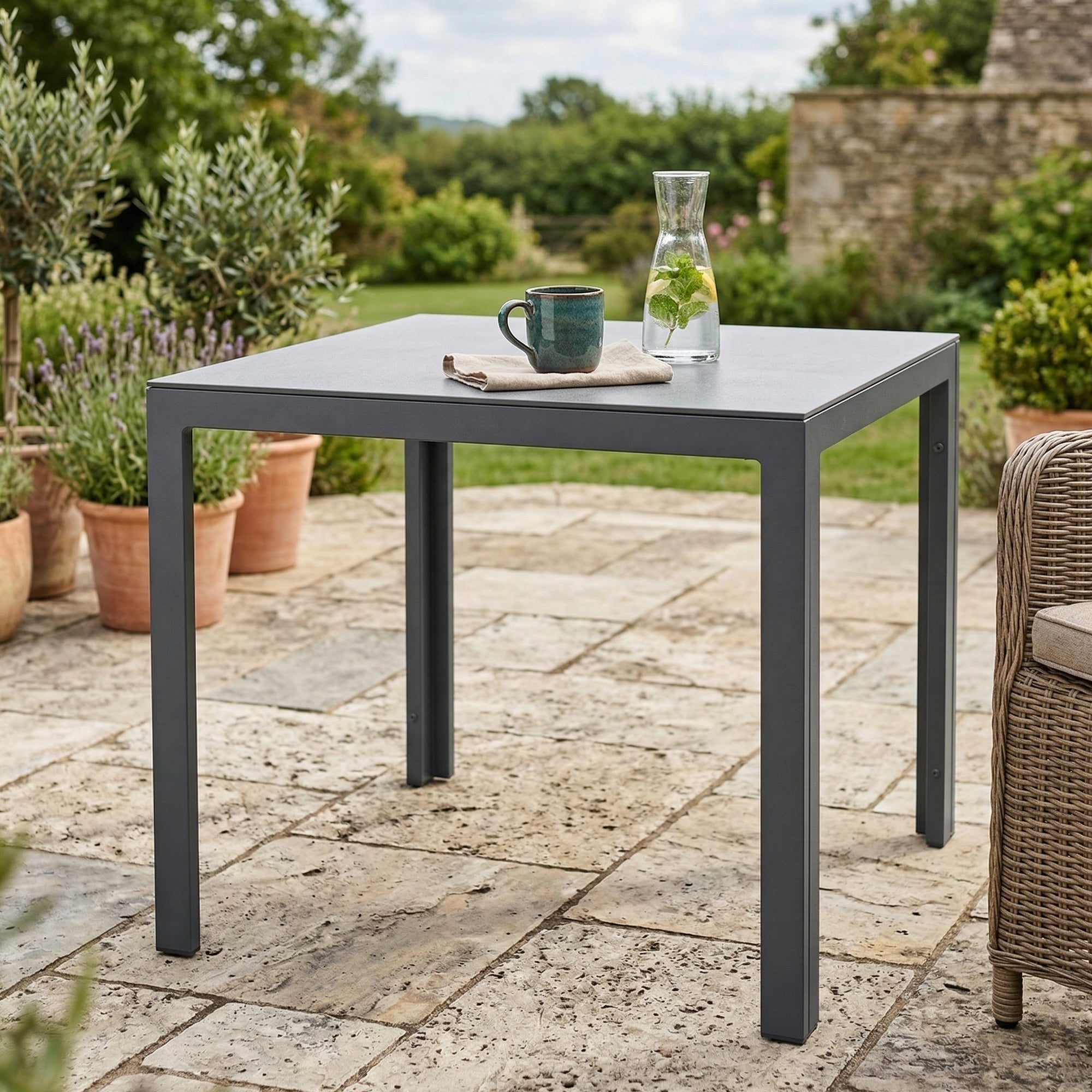 ☀️Summer Deal !☀️ Aluminium Dining Tisch Luna Stellar 80 x 80 x 74cm in grau / Dekorglas Tischplatte