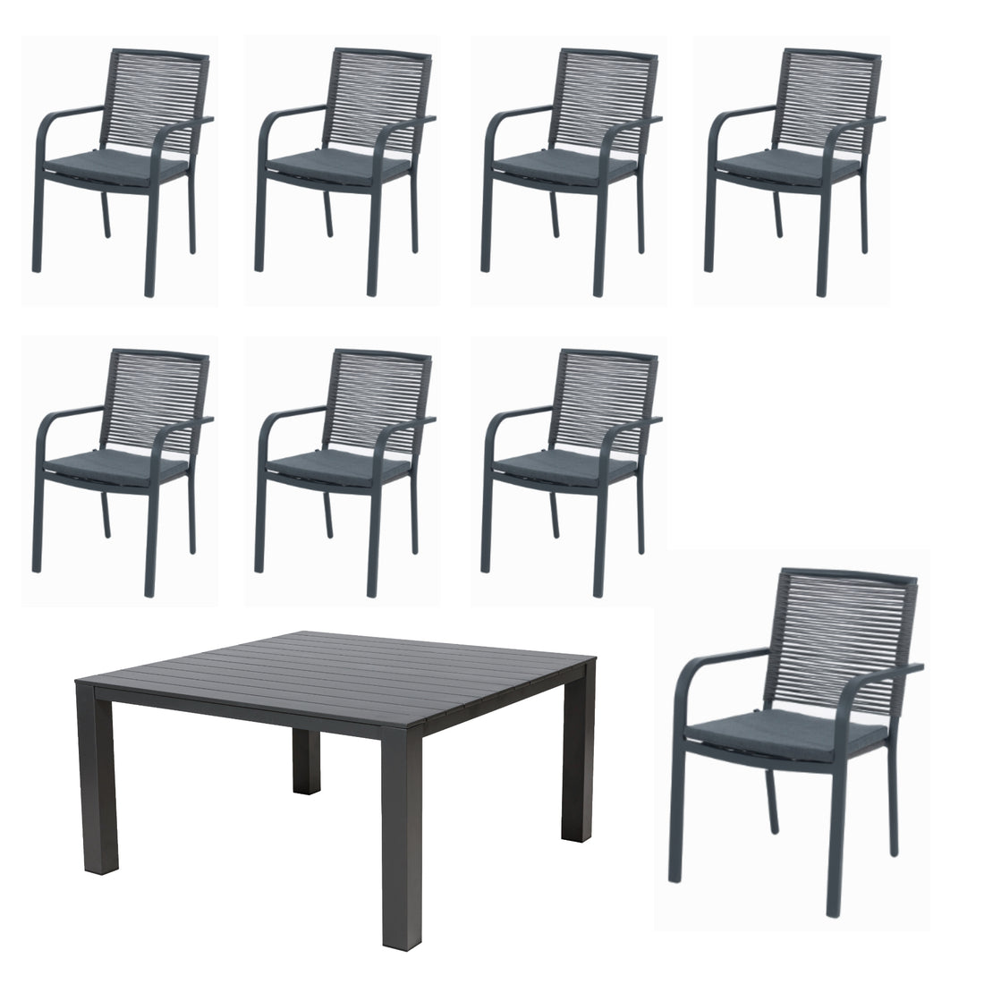 17 tlg. Alu / Rope Essgruppe Lexi grau + Trento XXL Tisch - bestehend aus: 8x Lexi Stapelsessel inkl. Sitzkissen + XXL Aluminium Tisch Trento ca. 152x152 cm