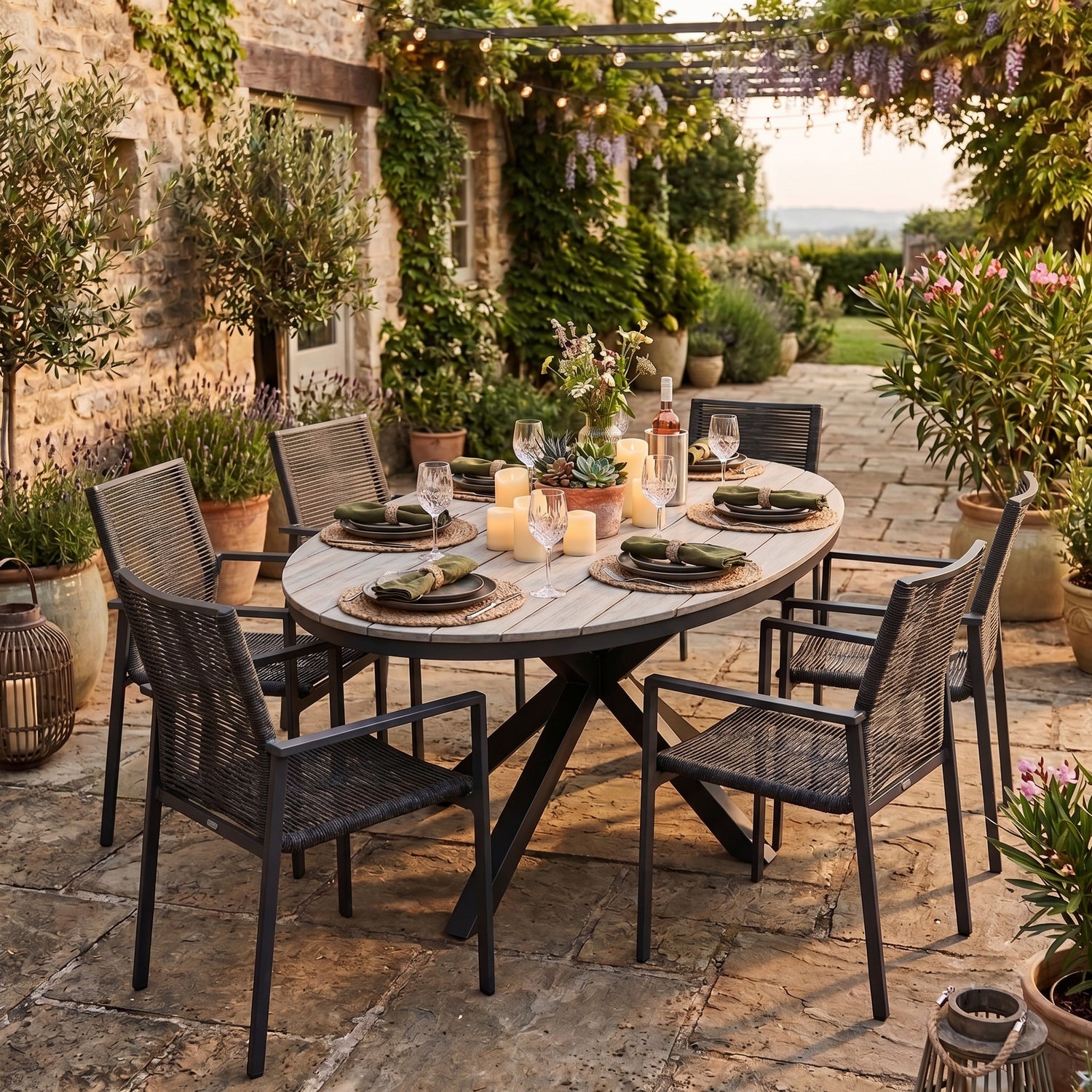 Garten-Essgruppe Volterra 180 × 115 × 74 cm mit 6 Stapelsesseln Zoe grau – Stilvoller Komfort für draußen