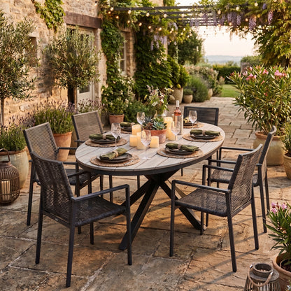 Garten-Essgruppe Volterra 180 × 115 × 74 cm mit 6 Stapelsesseln Zoe grau – Stilvoller Komfort für draußen
