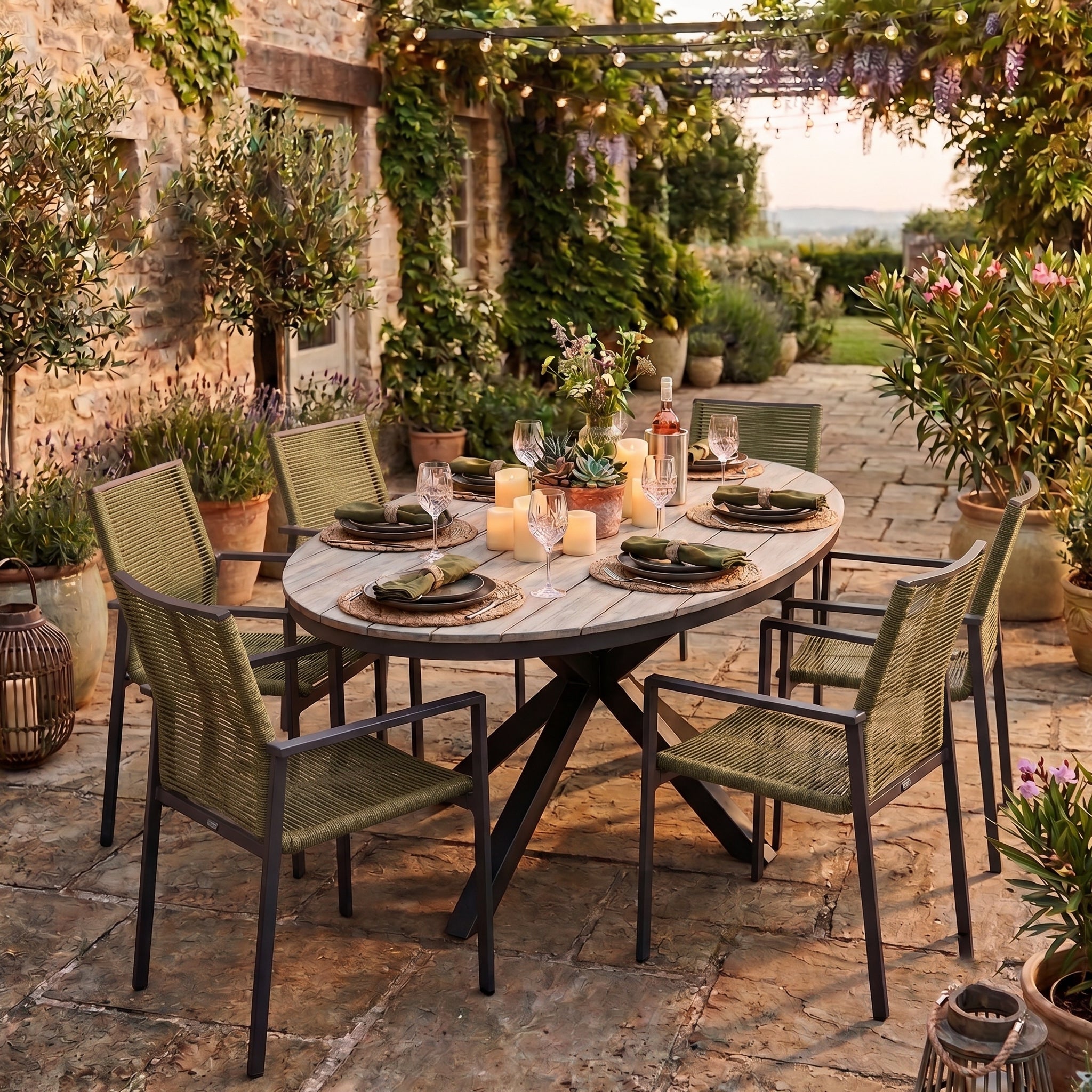 Garten-Essgruppe Volterra 180 × 115 × 74 cm mit 6 Stapelsesseln Zoe grün – Stilvoller Komfort für draußen
