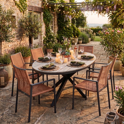 Garten-Essgruppe Volterra 180 × 115 × 74 cm mit 6 Stapelsesseln Zoe kupfer – Stilvoller Komfort für draußen (Kopie)