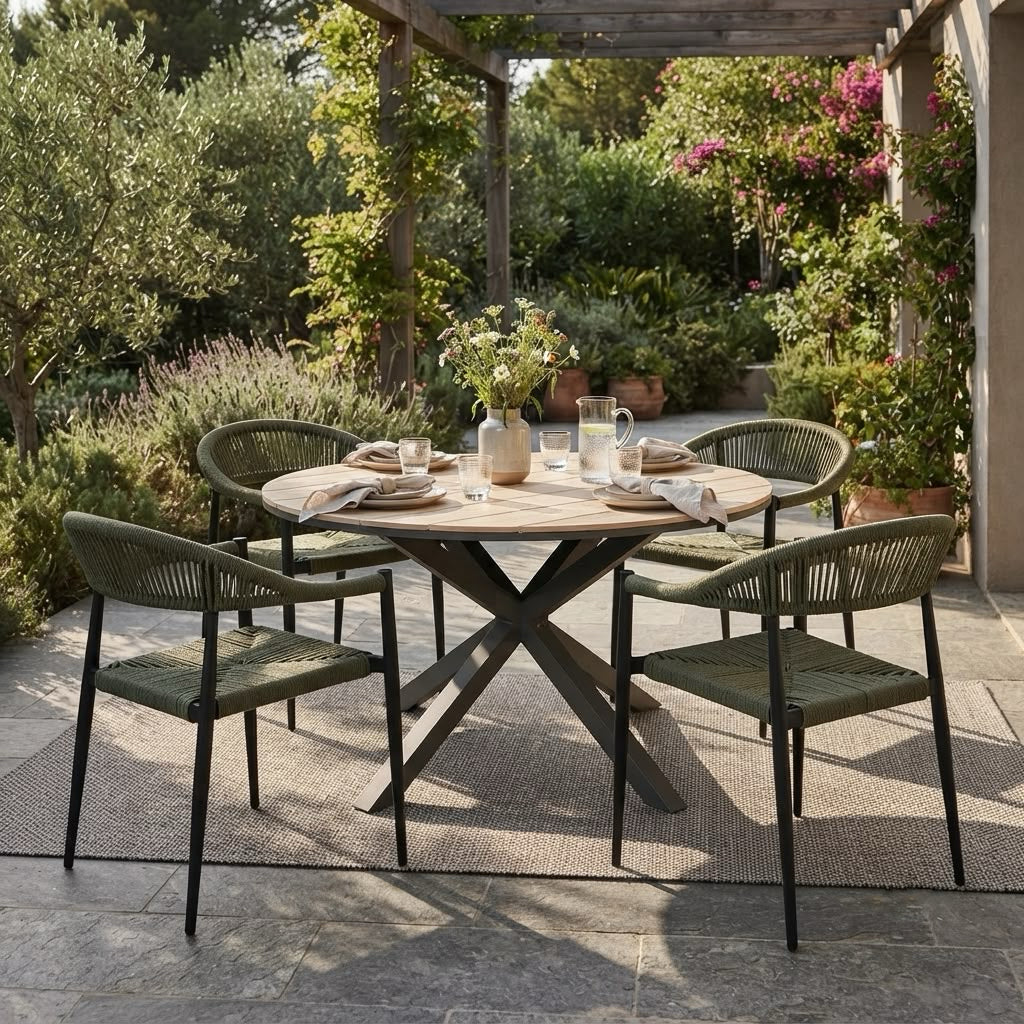 Gartenmöbel-Set „Volterra &amp; Luis“ – 4 Stapelsessel grün mit rundem Esstisch