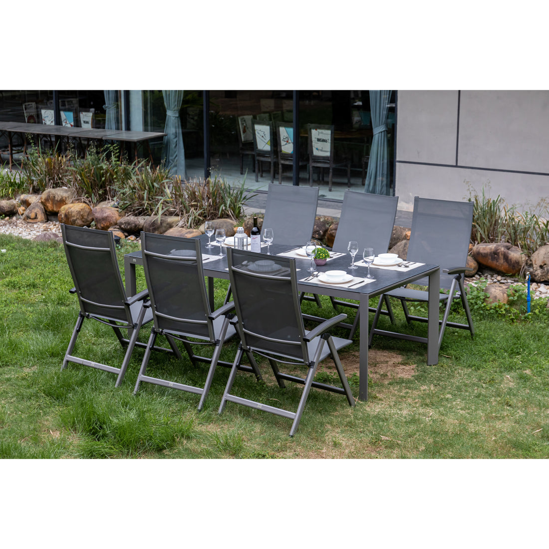 7 tlg. Premium Dining Set / Essgruppe Avantage Silver Moon inkl. Dining Tisch Lyon 220 x 100cm