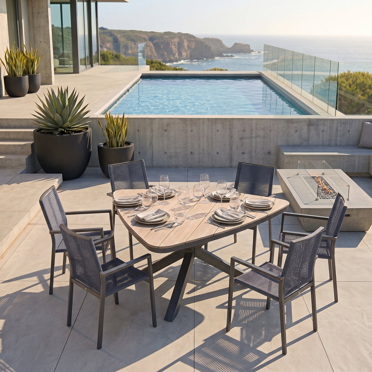 Aluminium / Nonwood Esstisch Volterra mit 6 Rope Stapelsesseln Zoe in – Mandalika Outdoor & Living Products GmbH