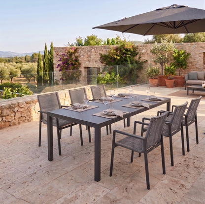 ☀️Summer Deal !☀️ Gartenmöbel Set ZOE / 6x Stapelsessel in Grau &amp; 1x Luna Tisch 220 × 100 × 74 cm