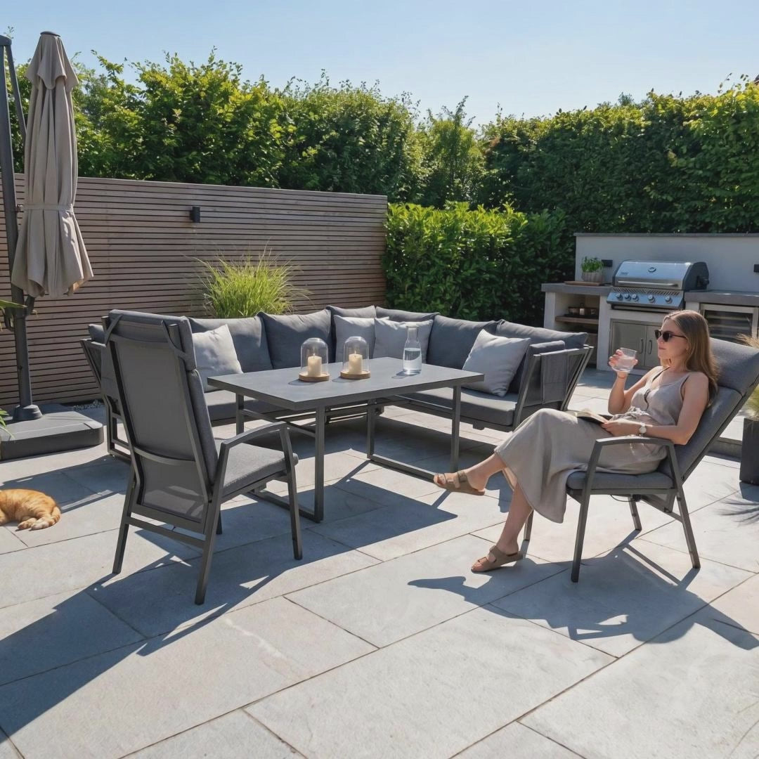 🌼FRÜHLINGS-ANGEBOT🌼  MADRI NERO SET UND 2 x ARCTIC MOVE SESSEL -Alu / Polyrope Cord Dining Ecklounge Set Madri Nero Deluxe 3in1 Funktion variabel stellbar absenkbare Armlehnen